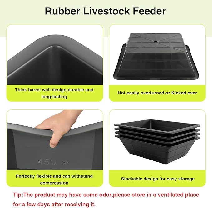 4 Pcs Rubber Feeder Pan,3 Gallon Horse Feed Bucket Utility Feed Bucket,Large Utility Heavy Duty Horse Trough Feeder for Pig Goat Chicken Dogs Farm Small Animal