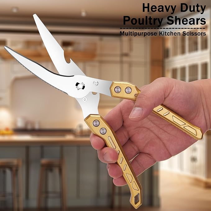 Heavy Duty Kitchen Poultry Shears - Professional Food Scissors for Spatchcocking Chicken, Cutting Raw Meat & Poultry Bones, Thick Steel Blades, Spring-Loaded, Dishwasher Safe Gold