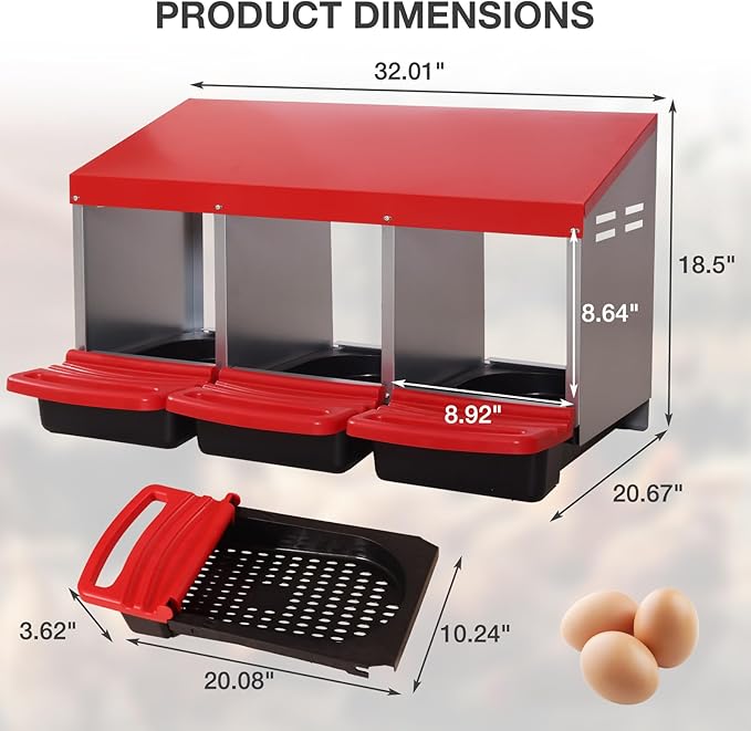Chicken Nesting Boxes, 3 Compartments Egg Collection with Removable Drawer, Chicken Metal Laying Nest Box for Hens, Easy to Assemble, for Chicken Coop, Red