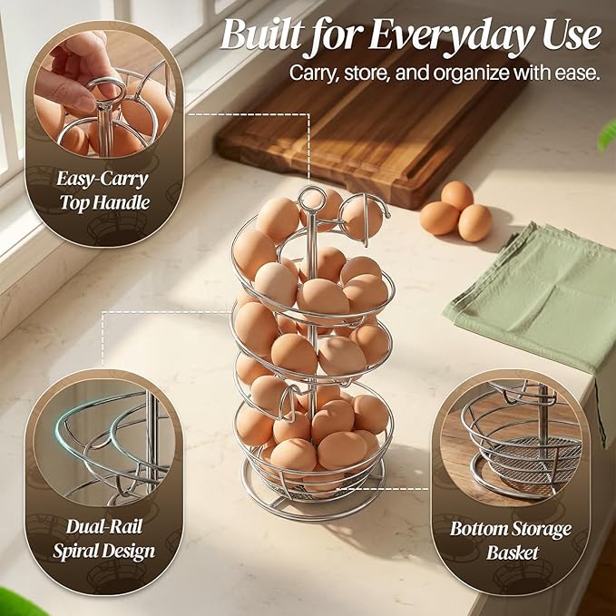 Flexzion Spiral Egg Rack for Fresh Eggs - Sturdy Silver Metal Egg Skelter Countertop Egg Holder with Bottom Basket and 360-Degree Rotatable Middle Pole Up to 36-Egg Capacity, Egg Storage Rack Solution