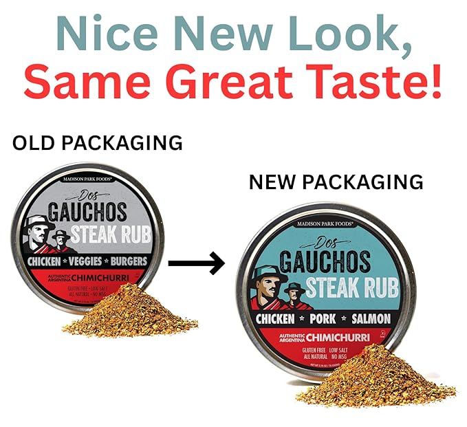 Dos Gauchos Chimichurri Steak Seasoning – Argentine Steak Rub – Keto Dry Spice Blend Marinade Mix – All Natural, Gluten-Free, Low Salt, Sugar-Free, No MSG – 2.75oz Fresh-Sealed Pouch in Reusable Tin