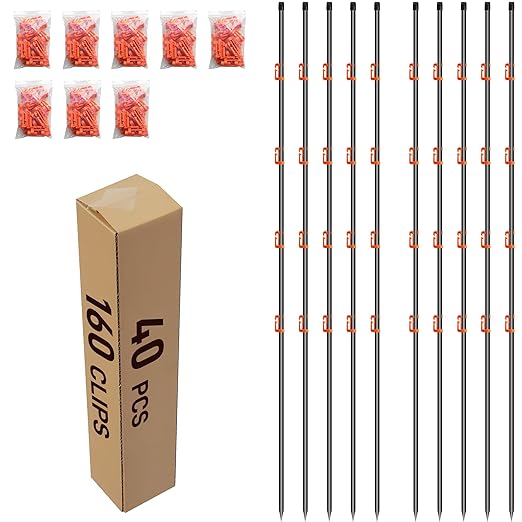 66Inch Fiberglass Electric Fence Posts 40Pcs, Temporary Graden Fence Post with 160 Adjustable Clips, Portable Step in Electric Fence Stakes for Farm, Garden and Horse Goat Sheep Small Animals Fences