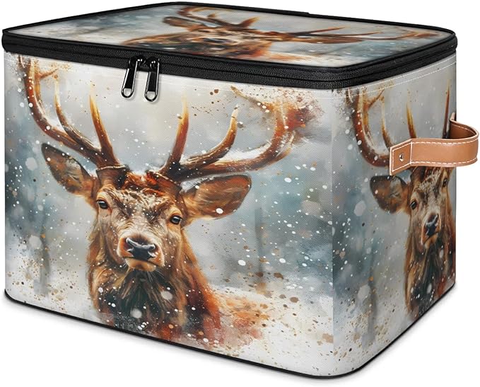 Storage Cubes with Lid Fabric Storage Bins Boxes PU Leather Handles, Elk Moose Wild Animals Closet Organizer Container Foldable Washable Shelf Cloth Basket, Christmas Day