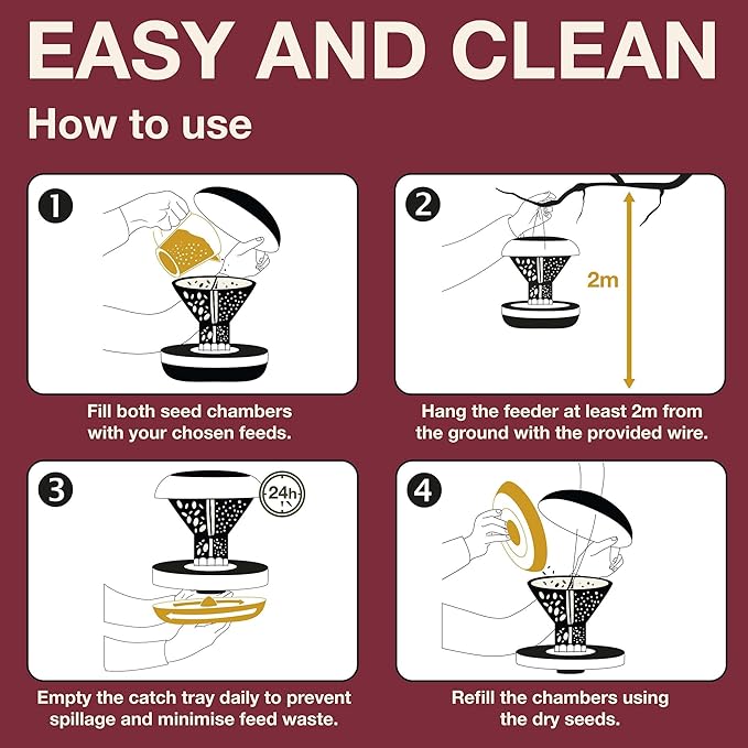 SWISSINNO Bird Feeders - No Mess Hanging Bird Feeder for Outdoors - Smart Birds Davos Spill Proof Wild Cardinal & Small Bird Feeder with Integrated Seed Catcher Tray - Dual Chamber - Burgundy