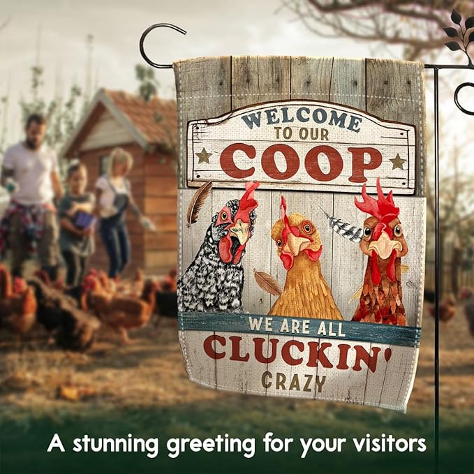 Chicken Garden Flag – Welcome to Our Coop Funny Chicken Flag, Rustic Farmhouse Chicken Coop Yard Decor, Funny Chicken Lover Gift for Farmer Women Men
