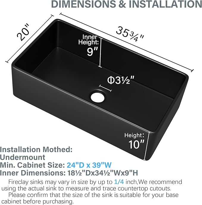 Extra Large Black Farmhouse Sink 36 x 20 Inch, MIN. Base Cabinet Size: 24"Dx39"W, Firecaly Apron Front Undermount Farm Sink Deep Single Bowl for Kitchen, w Accessories 2 Types