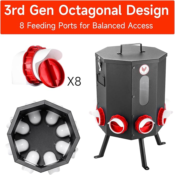 Automatic Chicken Feeder 8 Feeding Ports, 50lbs No-Waste Gravity Poultry Feeder 8 Feeding Ports with Rainproof Lid, Rodent-Proof Large Capacity Metal Chicken Feeder for Hens, Ducks, Birds