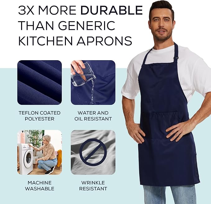 Will Well Kitchen Apron for Men and Women - 33" x 27" Oil-and-Water-Resistant with Adjustable Neck Strap and 38" Waist Ties for a Snug Fit, Lightweight with 2 Front Pockets - 1-Pack, Navy