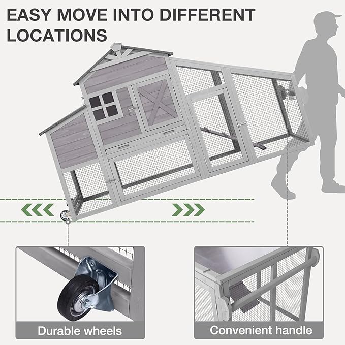 Chicken Coop with Wheels Wooden Outdoor Chicken House Easy Cleaning with Nesting Box, Deeper Leakproof Pull-Out Tray and UV Proof Panel Roof - Reinforced Version