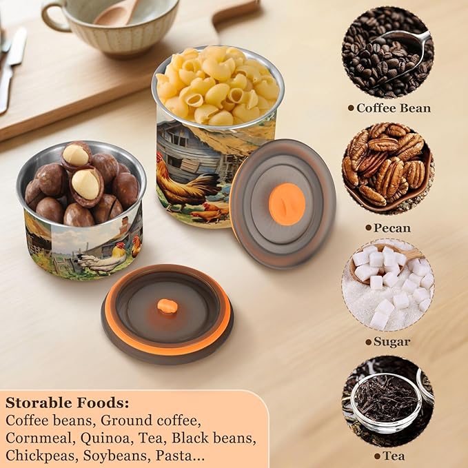Farmhouse Roosters Coffee Canister 30oz Stainless Steel Airtight Food Storage Container with Lid for Beans/Cereal Preserval