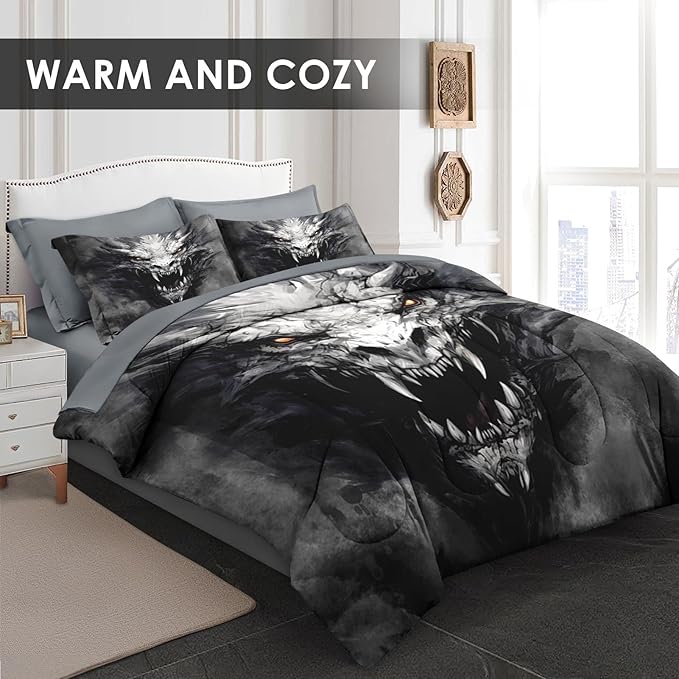 Comforter Set King Size, Dragon Gray 7 Pcs Bedding for Kids and Adults, Dark Black Gray Bed Sheet Sets with Fitted Sheet 2 Pillowcases & 2 Shams for Bedroom Bed Decor