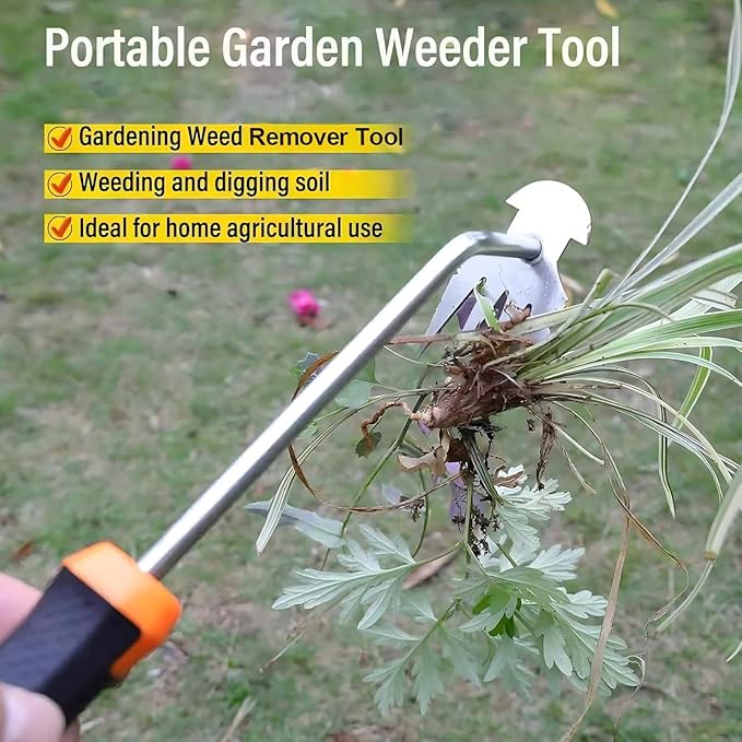 Weed Remover Tool, Portable Garden Weeder, Stainless Steel Weeding Tool with Rubber Handle – Ideal for Backyard Planting, Gardening, and Farm Cultivation