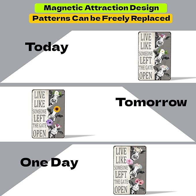 Funny DIY Magnetic Attraction,Vintage Cow Decor Sign Live Like Someone Left The Gate Open Tin Sign for Home Bedroom Bathroom Wall Farm Fence Decor 8x12 Inch (Dark Grey Beige)