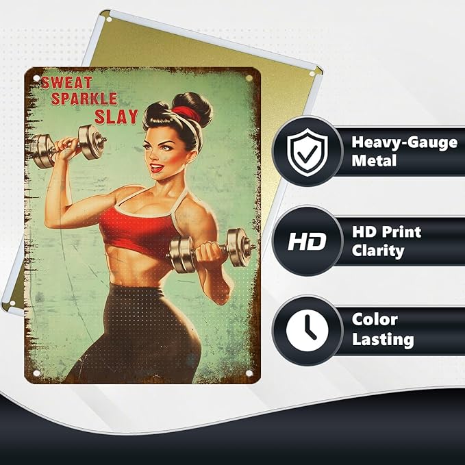 Fitness Girl with Dumbbells Motivational Wall Art Poster Sweat Sparkle Slay Tin Sign Gym Decor for Home & Office Decor Bedroom Bathroom Cafe 12X16Inch