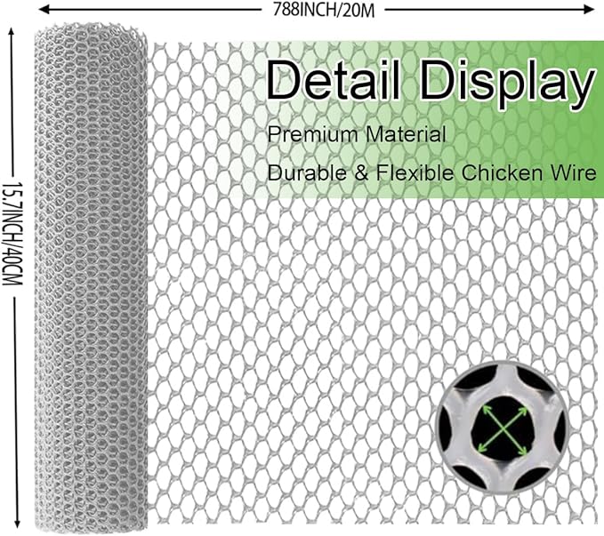 Plastic Chicken Wire Mesh Fence 15.7in x 65.6ft- Garden Fencing Poultry Fences-Animal Barrier for Dogs-DIY Crafting Mesh Netting Outdoor Indoor Use