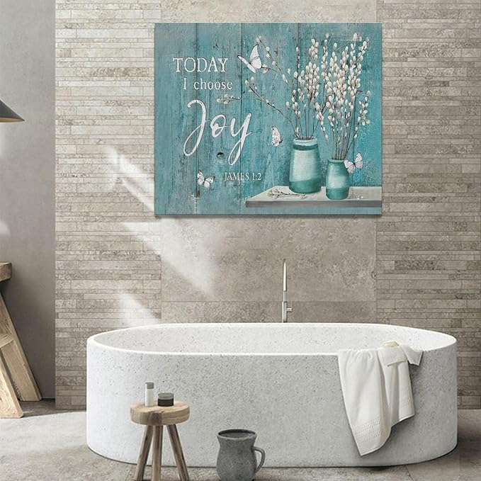 Farmhouse Teal Flower Wall Art Rustic Teal Floral Butterfly Pictures Wall Decor Country Pussy Willow Canvas Prints Flower Artwork Home Decoration For Bathroom Bedroom Kitchen Framed 24"x20"