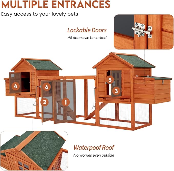 U-MAX Large Chicken Coop with Run, 123" Wooden Chicken Coop 4-6 Chickens, Outdoor Hen House with Run & Removable Trays, Outdoor Hen Fence Poultry Pet Cage for Backyard, Natural Wood