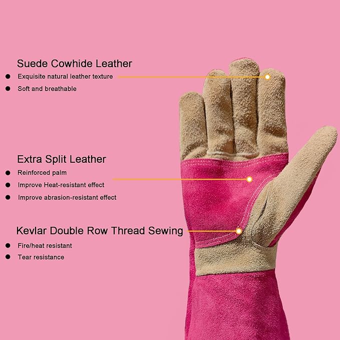Leather Gardening Gloves for Women, Long Thorn Proof Garden Gloves for Yard Work, Heat Resistant Gloves for Welding, BBQ, Cooking, Fireplace, Chainsaw, Firm Grip, Utility, Durable, Rose Red, S