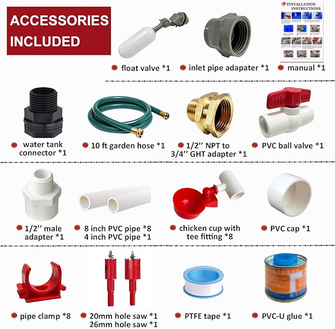 Automatic Chicken Waterer System (45 Accessories Included), Complete PVC Pipelines Set with Chicken Water Cups, Float Valve and Garden Hose, DIY Chicken Watering System (No Bucket Included)