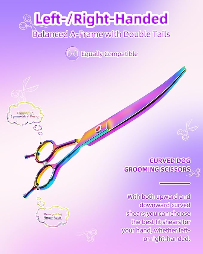 7.3" Dog Grooming Scissor - Professional Down-curved Shear with Ergonomic Handle Stainless Steel Hair Shears for Dogs, Cats and Other Pets - Pet Hair Trimming Scissor(Curved, Iridescent)