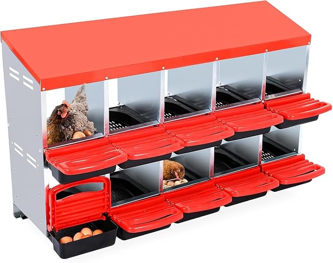 10 - Compartment Roll Away Chicken Nesting Box, Wall - Mount Laying Egg Box with Easy Egg Collection & Cleanable Pull - Out Trays, Hen Roosting Boxes for Efficient Egg Laying（Red）