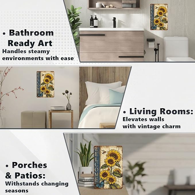 Vintage Sunflower Tin Sign Welcome Retro Garden Metal Sign Rustic Nostalgic Wall Decor For Home Garden Plaque Yard Bar Farmhouse Porch Living Room Cafe Kitchen 12 * 8 In