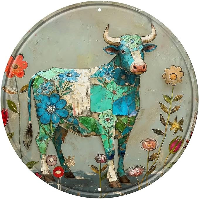 Cow Round Metal Tin Sign Wreath Farm Flowers Rustic Vintage Wall Art Decor for Garden Farmhouse Yard Home Decor 8x8inch