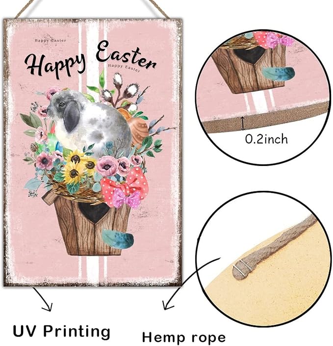 Happy Easter Flower Basket Bunny Wood Art Plaques French Style Floral Pink Stripes Wall Decor Wood Sign Happy Easter Welcome Spring Wood Wall Art Sign for Kitchen 8x12in
