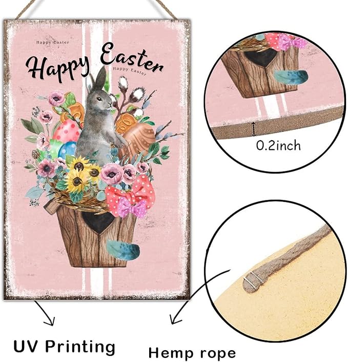 Wood Wall Decor Sign Happy Easter Flower Basket Bunny Sign French Style Floral Pink Stripes Wood Wall Art Signs Farmhouse Spring Decor Easter Wall Art Sign for Bedroom 12x18in