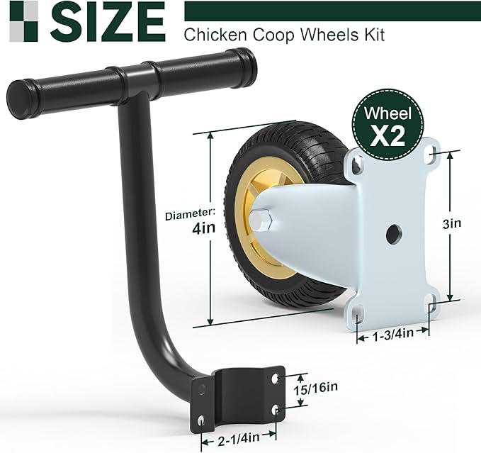 Flehomo Chicken Coop Wheels Kit, 2 Pack 4" Caster Wheels and A Lifting Handle for Easy Movement, Chicken Tractor Wheel Kit for Portable Chicken Coop Accessories Replacement or DIY