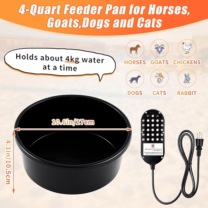 Sadnyy Heated Water Bowl 1 Gallon 3.8 L 250W Thermostatic Anti Freeze Water Pan, UL Certified Pet Heater for Outdoor Horses Dogs Cats Chickens Poultry Winter Use
