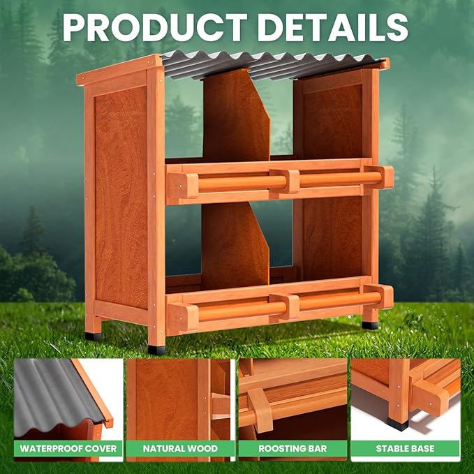 2-Tier Chicken Nesting Box, 4 Compartment Wooden Nesting Box for Chickens with Waterproof Roof, Non-Slip Stable Base, Heavy Duty Chicken Laying Boxes for Hens, Duck, Poultry, Bird, Orange