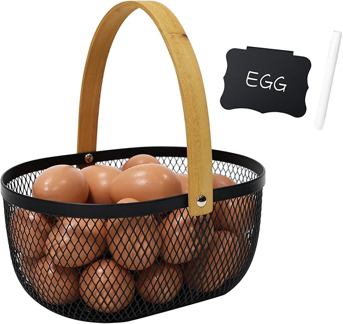 Farmhouse Egg Baskets for Gathering Fresh Eggs, Oval Metal Egg Collecting Basket Egg Holder with Wooden Handle, Countertop Kitchen Decor