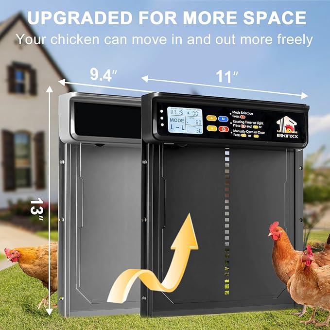 Automatic Chicken Coop Door Solar Powered with Timer, Light Sensor, Remote Control, LCD Display, Aluminum Alloy 4 Auto Modes Wide Chicken House Door, Anti-Pinch, Weatherproof, USB Backup, Black
