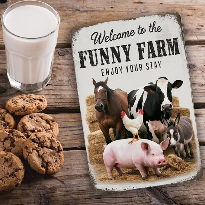 Funny Farm Welcome Sign – Rustic Animal Wall Decor With Horse, Cow, Chicken, Donkey & Pig – Vintage-Style Farmhouse Humor Art 8x12