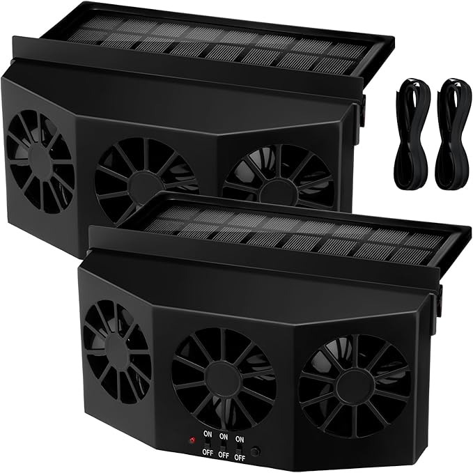 2 Pack Solar Powered Car Exhaust Fan 3 Fans Car Window 4500 RPM Air Vent Radiator Solar Energy Cooling Vent Exhaust for General Types(Solar 3 Fans,Black)