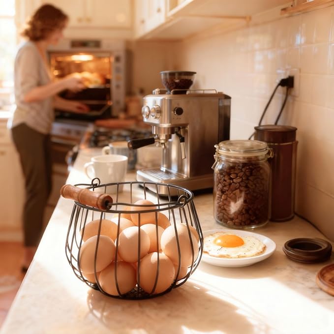 Farmhouse Egg Basket for Gathering Fresh Eggs - 24 Egg Capacity Wire Basket with Wood Handle, Chicken Coop to Kitchen Counter Organizer for Potatoes, Onions & More