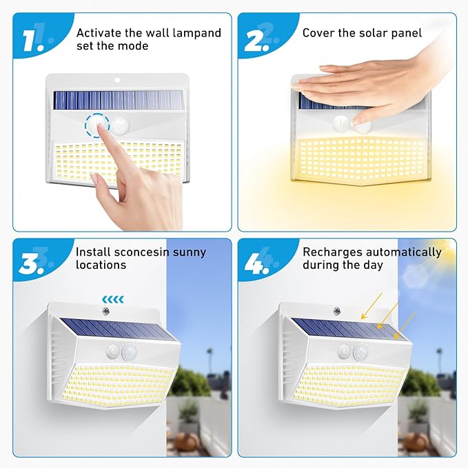 Peasur Solar Outdoor Lights, [2 Packs] Motion Sensor Security Lights with 3 Lighting Modes Wall Lights Waterproof Solar Powered Lights for Garden Yard, White Warm