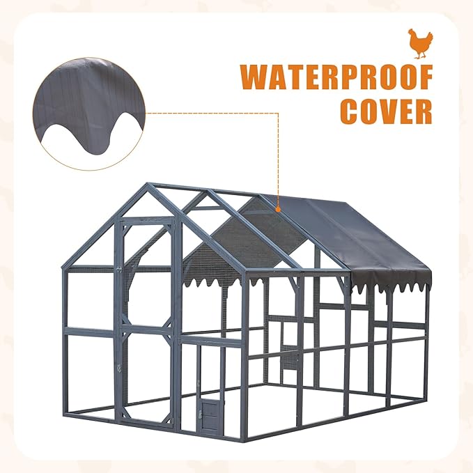 KEIKI 110" L Outdoor Large Chicken Coop with Waterproof Cover, Wire Mesh & 2 Lift Small Doors with Locks, Wood Chicken Coop House with Run for Cat Kitten Playpen, Duck, Rabbit, Quail