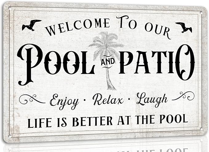 Generic Welcome to Our Pool and Patio Enjoy Relax Laugh Metal Signs Vintage Beach Metal Sign For Wall Decor Deck Backyard Bar Signs Patio Decor Outdoor Pool Decor 8x12 Inch