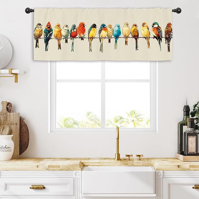 Miyotaa Birds Kitchen Curtain Valance 54W x 18H Rod Pocket Vintage Retro Colorful Window Treatment for Living Room Bedroom Bathroom