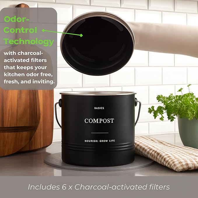 D'Lifeful Kitchen Compost Bin – 1.3 Gallon Countertop Farmhouse Compost Container with Lid – Odorless Indoor Food Scrap Pail with 6 Charcoal Filters – Eco-Conscious and Easy to Clean - Black