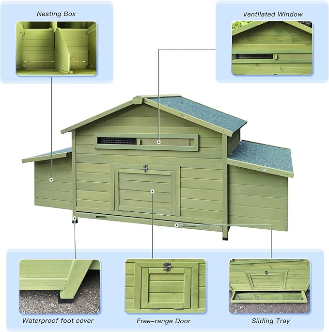 11.12 ft² Large Wooden Chicken Coop,Outdoor Hen House with 2 Free-Range Doors, 2 Nesting Boxes, Predator Protection, Ventilation, and Chicken Perch - Moisture-Proof Design for Poultry Green