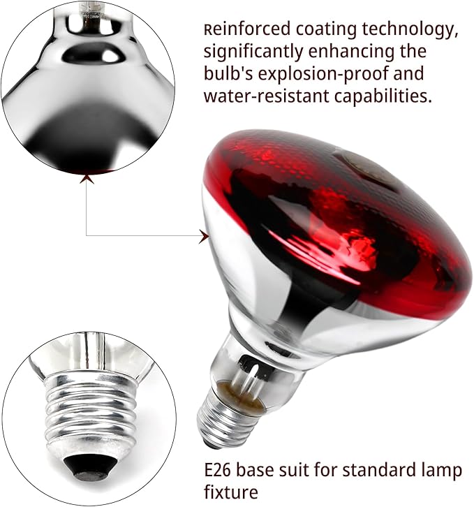 250W Red Reptile Heat Lamp Bulb for Chick Brooder,Infrared Heating Light Bulb for Reptiles,Chicken,Farm Animals,Bathroon,Food,Poultry,Shatterproof,E26 Base with Temperature Sticker
