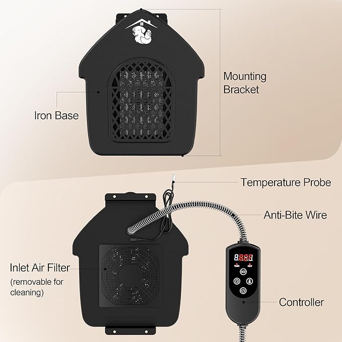 Dog House Heater with Thermostat, Outdoor Pet Heater with Anti-Bite Cord, Chicken Coop Heater, Wall-Mounted Heater for Dog House Outdoor, Suitable for Dogs Cats Chickens Hamsters