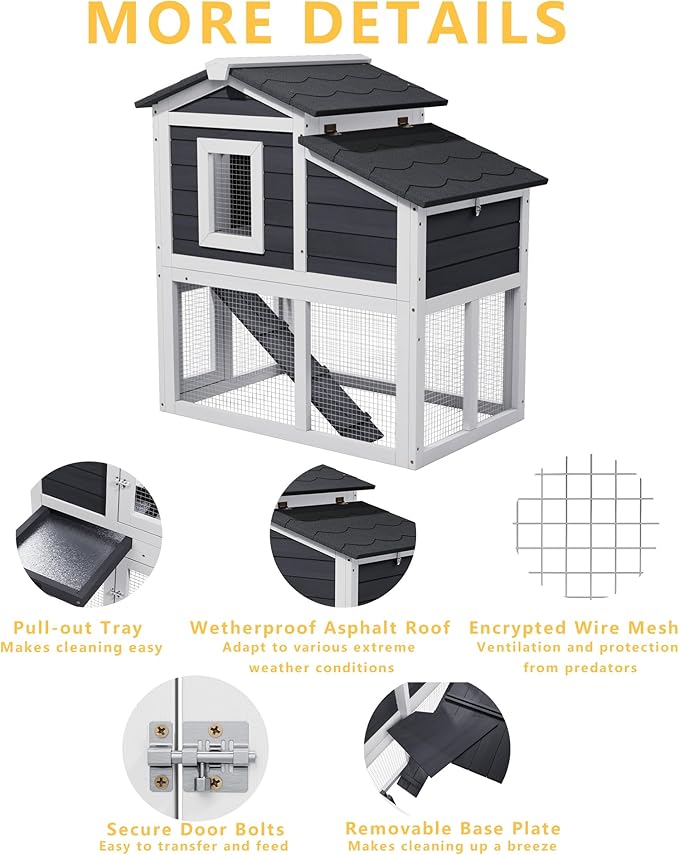 Small Chicken Coop for 2 Chickens, Wooden Chicken Coops with Nesting Boxes Indoor Outdoor, Predator-Proof Bunny House Rabbit Hutch Poultry Pet Tractor Cage with Waterproof Roof, Stairs&Removable Tray