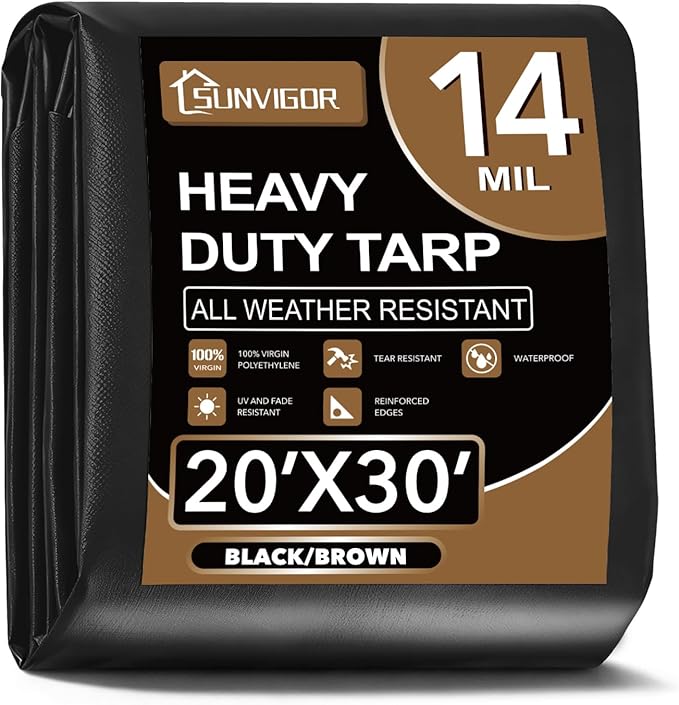 Sunvigor Tarp Waterproof 20x30Ft, Extra Thick 14 Mil Heavy Duty Tarp Cover, Tear & Fade Resistant, Outdoor Tarps with Brass Grommets and Reinforced Edges for Roof, Camping, Patio, Boat (Black/Brown)