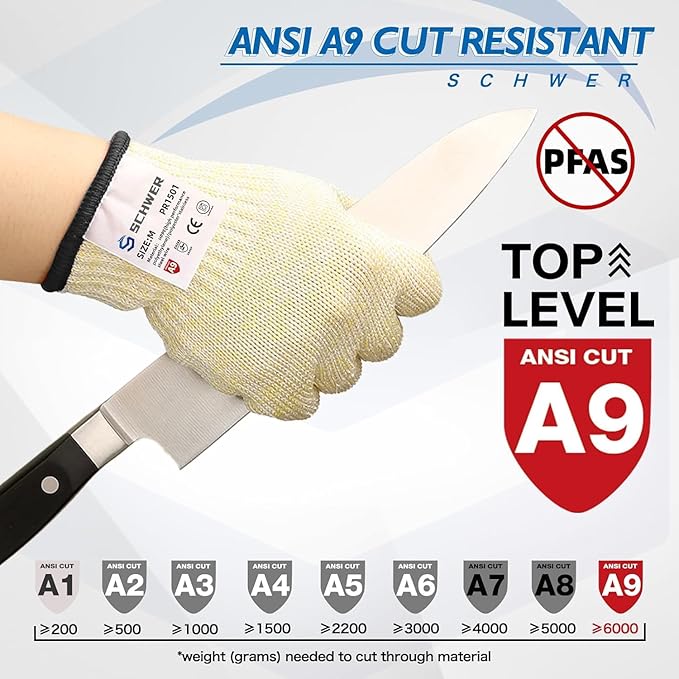 Schwer SlicePro ANSI A9 Cut Resistant Gloves, Food Grade Cutting Gloves for Kitchen Food Prep, Mandoline Gloves for Meat Cutting, Oyster Shucking, Fish Fillet Processing, PR1501, S