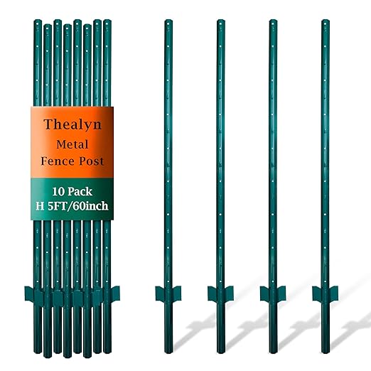 Fence Posts 5 Feet, Pack of 10, Metal Fence Poles U Post Sturdy Duty Fence Stakes Step in Post No Dig Fence Post for Garden Wire Fence Steel Sign Post (Fits to 4-ft Fence Mesh)