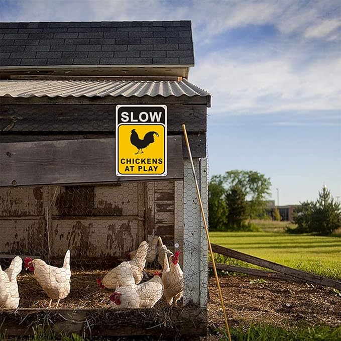 2 Pack Slow Chickens at Play Sign Chicken Crossing Sign 14 x 10 Inches Chicken Coop Signs for Farm Metal Reflective Rust Aluminum Weatherproof UV Protected Easy Mount Indoor Outdoor Use